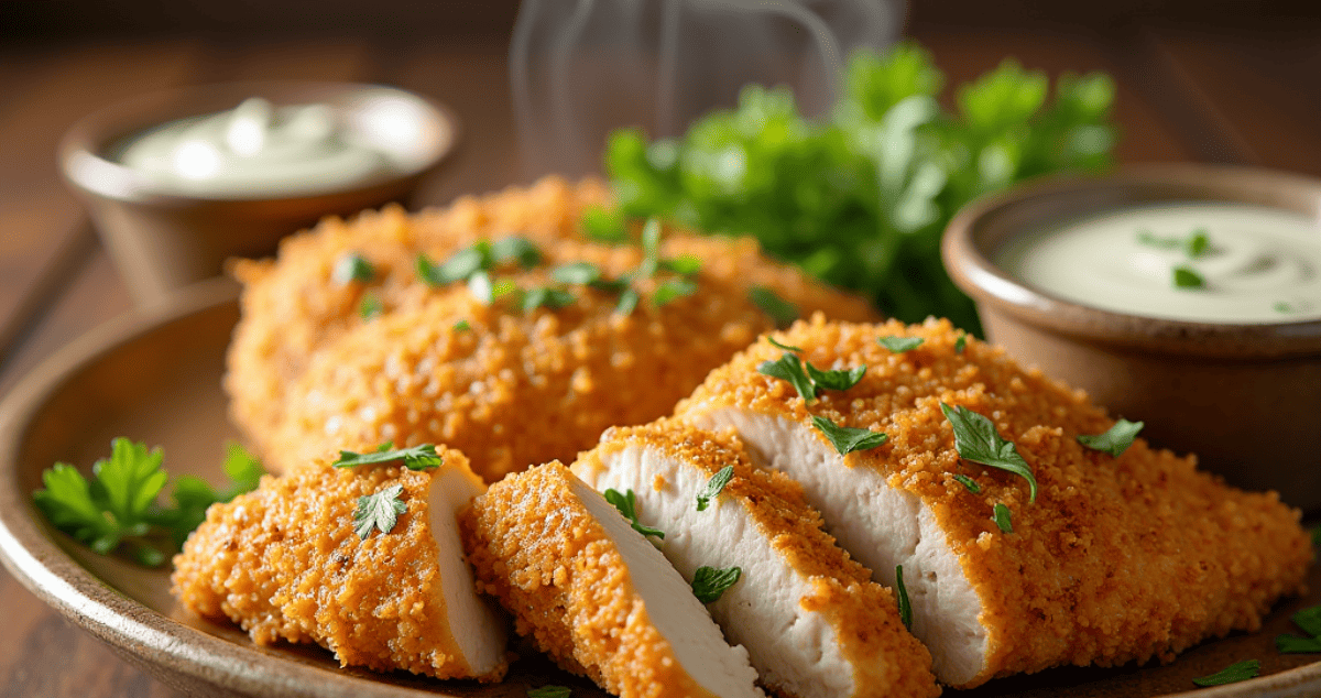 Golden, crispy Parmesan crusted chicken with juicy, tender slices, garnished with parsley and served with creamy ranch sauce