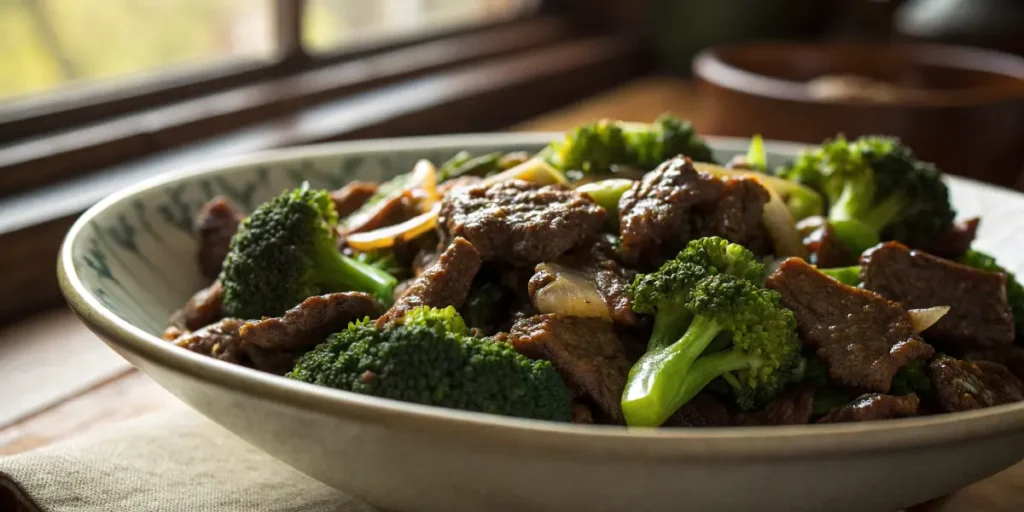 A beautifully plated serving of beef and broccoli timbs in a black ceramic bowl with sesame seeds and green onions.