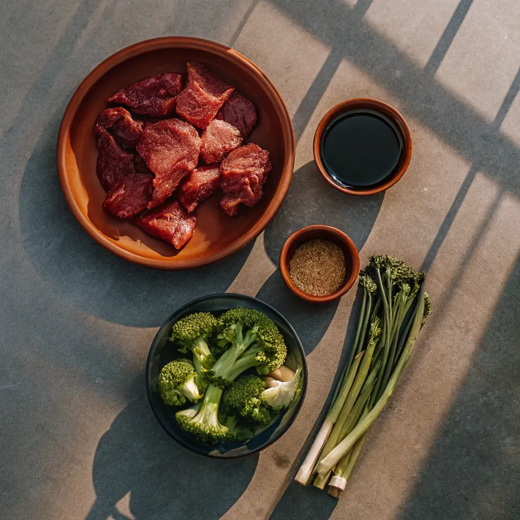 Fresh ingredients for beef and broccoli timbs, including beef cuts, broccoli, soy sauce, garlic, ginger, sesame oil, and cornstarch.