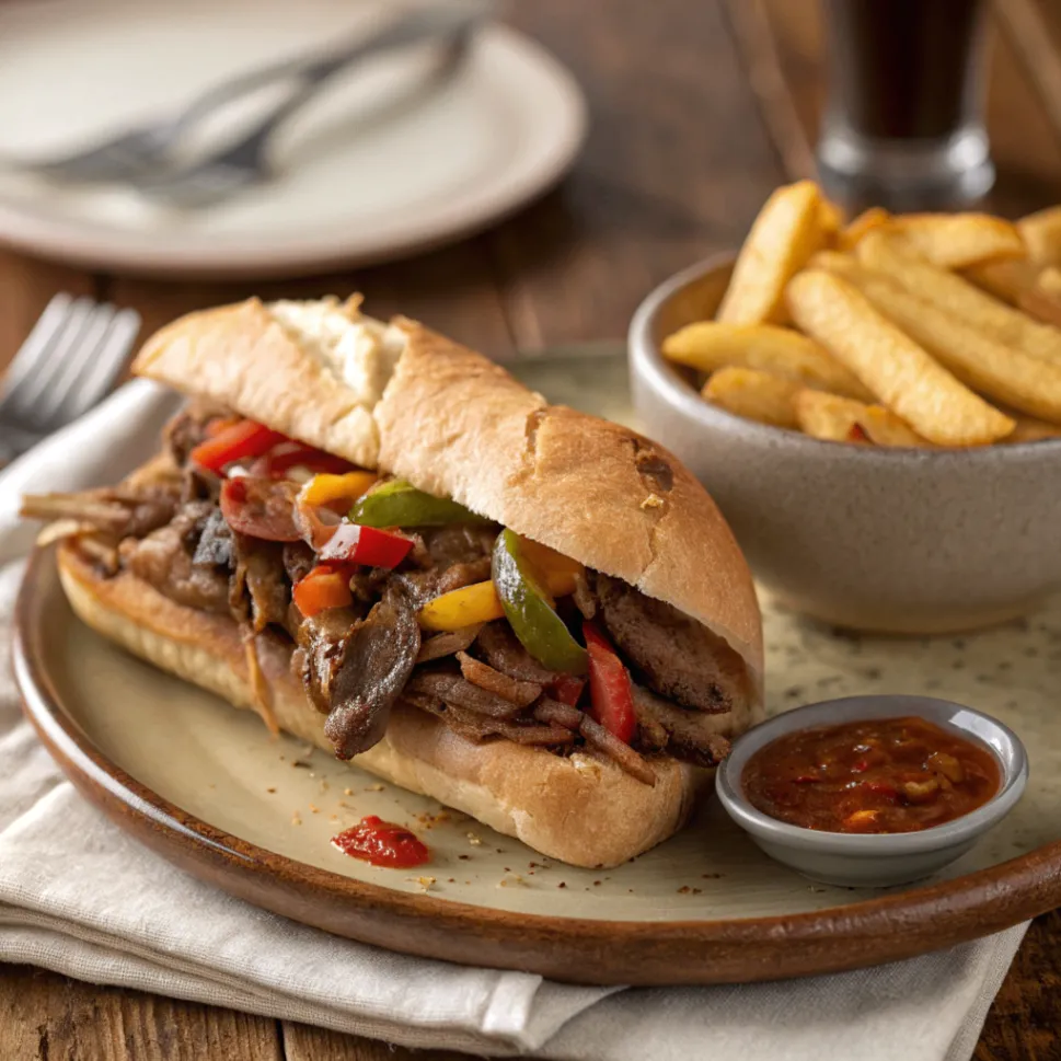 Fully prepared Italian beef sandwich with fries and dipping sauce, showcasing a popular item from the Buona Beef menu.