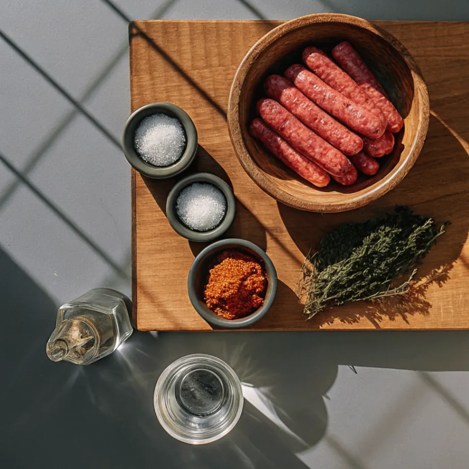 Flat lay of raw ingredients for beef sausage including ground beef, spices, herbs, water, and sausage casings on a neutral background.