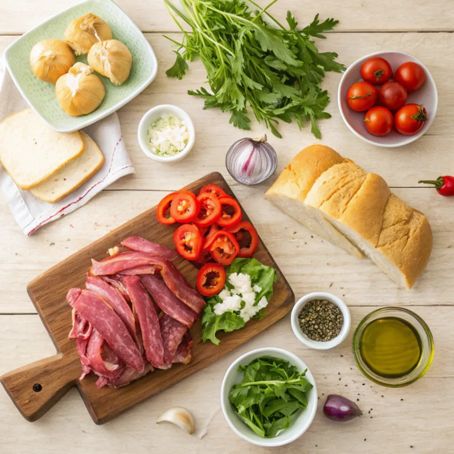 Fresh Italian beef sandwich ingredients including peppers, roast beef, and hoagie rolls