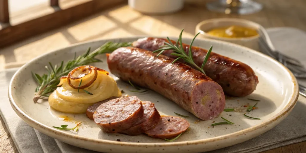 Juicy beef sausages sliced and served on a rustic ceramic plate with rosemary and caramelized onions, captured in warm natural daylight.