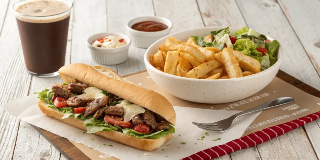 Italian beef sandwich with fries, Caesar salad, and drink on a rustic table