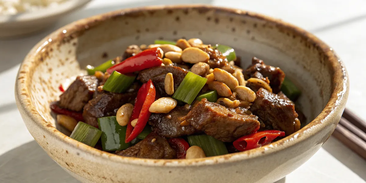 "A close-up of a finished Kung Pao Beef dish served in a ceramic bowl with beef, peanuts, peppers, and chilies in a glossy sauce"